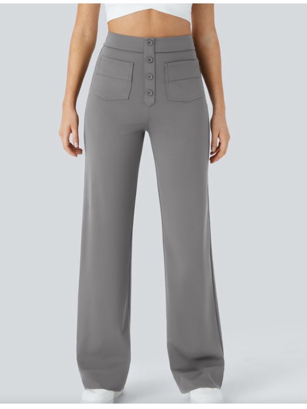 DayStretch High Waisted Pockets Gray Straight Leg Casual Pants L Petite LP PL